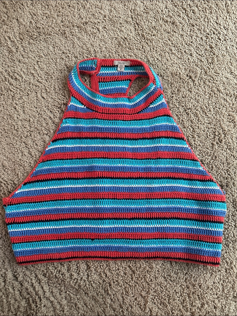 Ecote Striped Halter Crochet Crop Top - Red, Blue, Teal